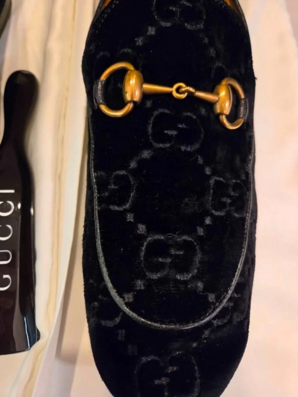 Gucci Jordaan Men’s 8.5 Black GG Velvet Horsebit Loafers